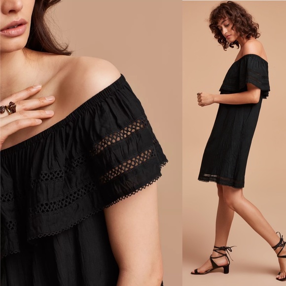 Aritzia Wilfred Emmie Off the Shoulder Boho Peasant Coastal Sun Dress Black M - Picture 2 of 16